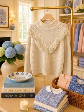 Tuckernuck Cream Fringe Cable Turtleneck Sweater